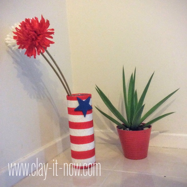 fourth of july craft for kids, upcycling potato chips can to flower vase - completed craft project