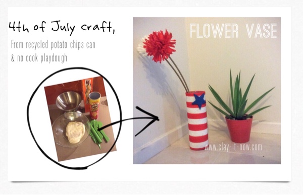 fourth of july craft for kids, upcycling potato chips can to flower vase - completed