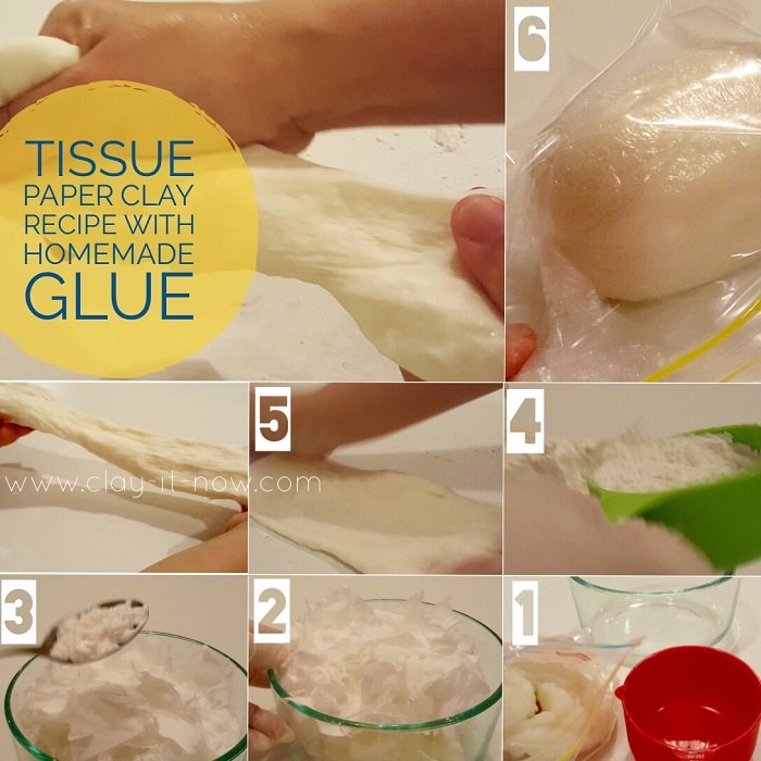 tissue paper clay recipe, squishy clay, paper clay, homemade glue recipe